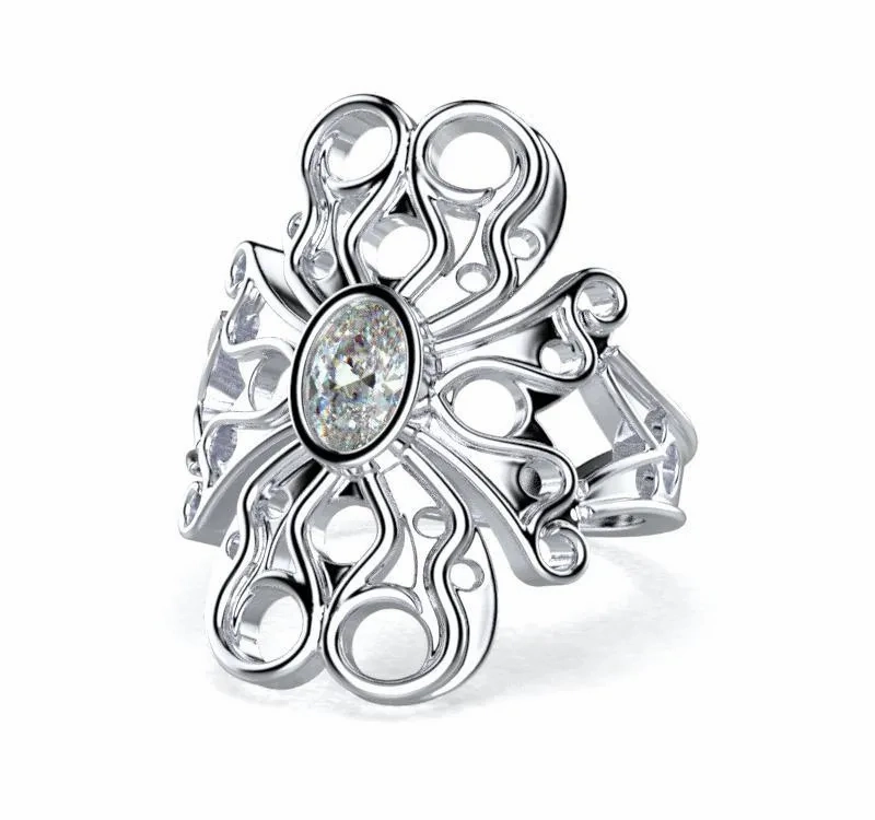 Oval Diamond Flower Design Ring 14K Yellow Gold