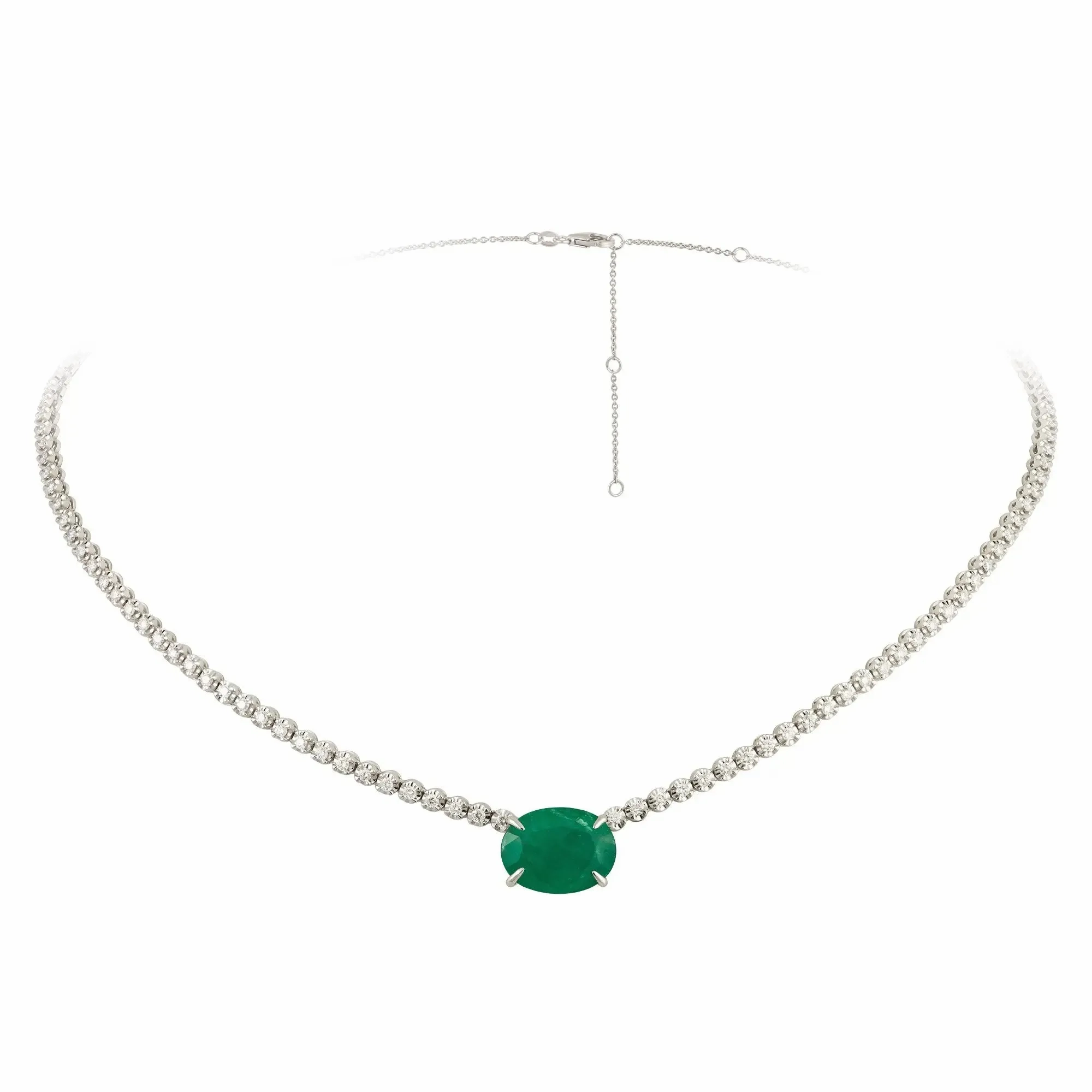 Oval Emerald and Diamond Necklace in White Gold