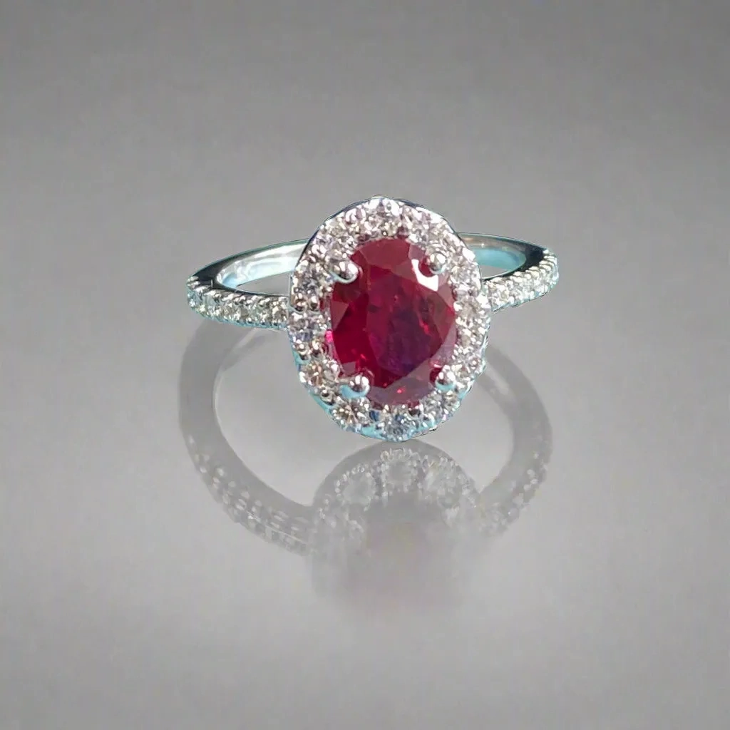 Oval Ruby Diamond Halo Engagement Ring