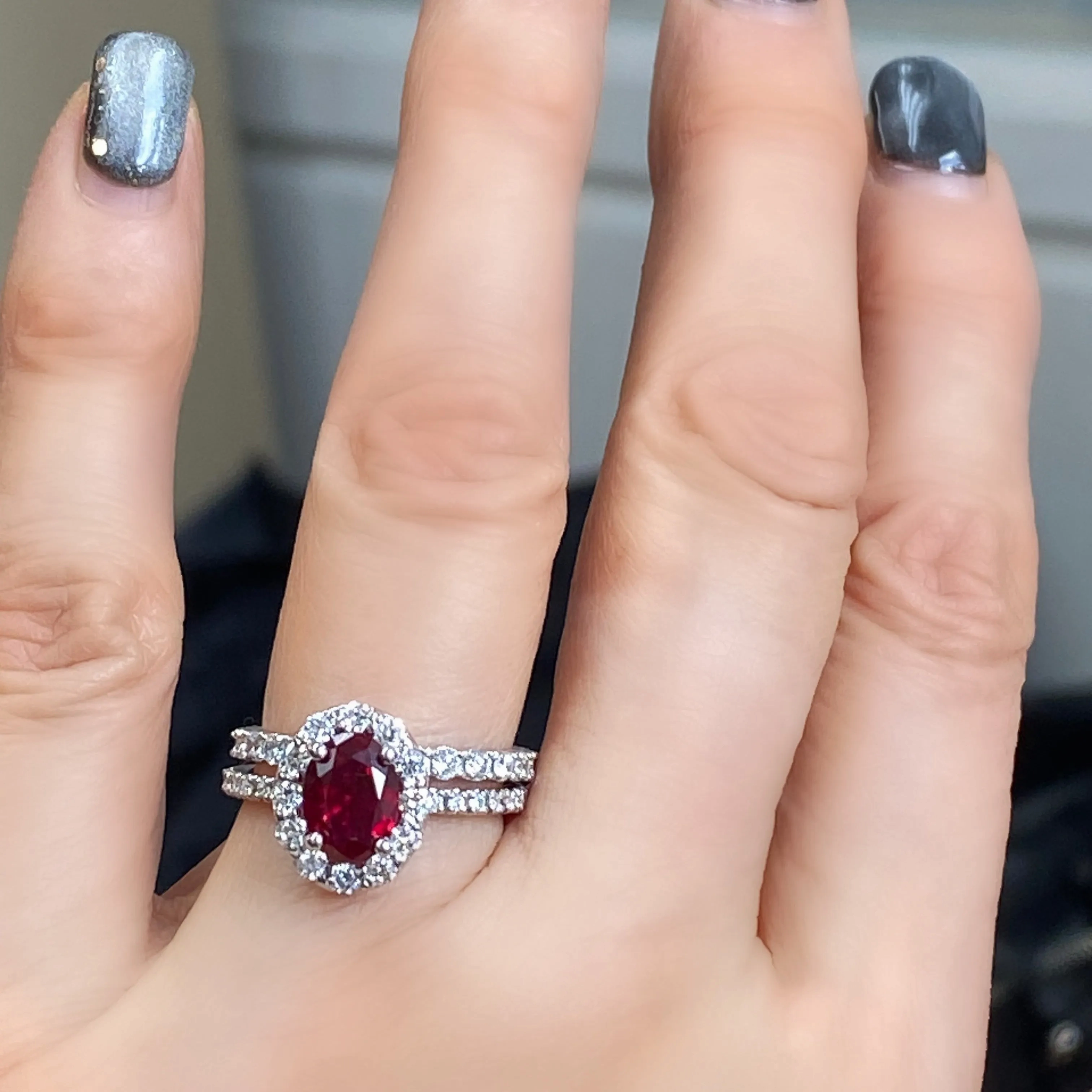 Oval Ruby Diamond Halo Engagement Ring