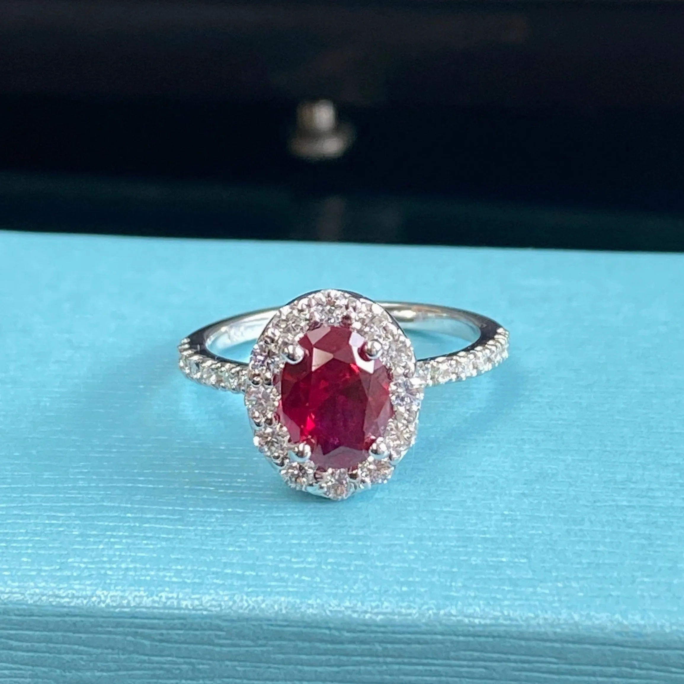 Oval Ruby Diamond Halo Engagement Ring