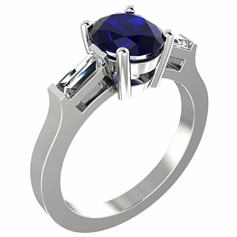 Oval Sapphire with Diamond Baguette Side Stones Ring 14K White Gold