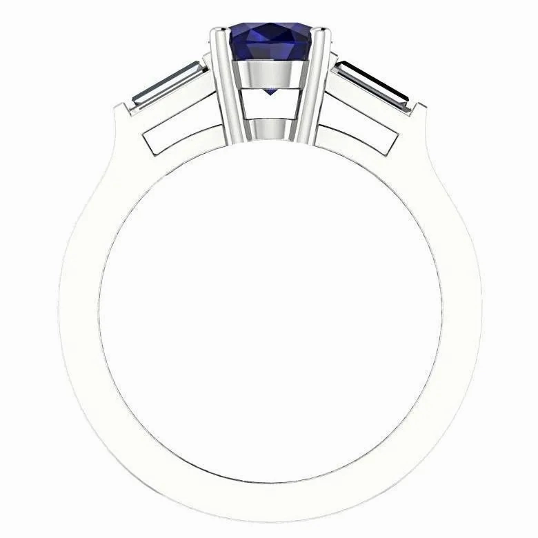 Oval Sapphire with Diamond Baguette Side Stones Ring 14K White Gold