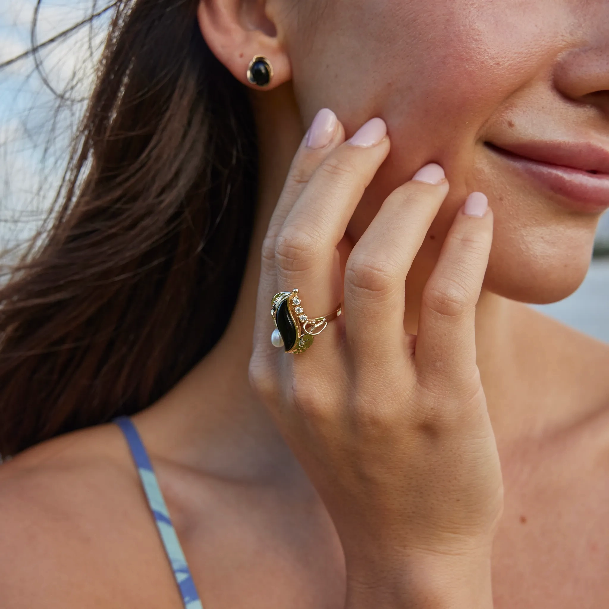 Paradise Black Coral &amp; Pearl Ring in Gold with Diamonds