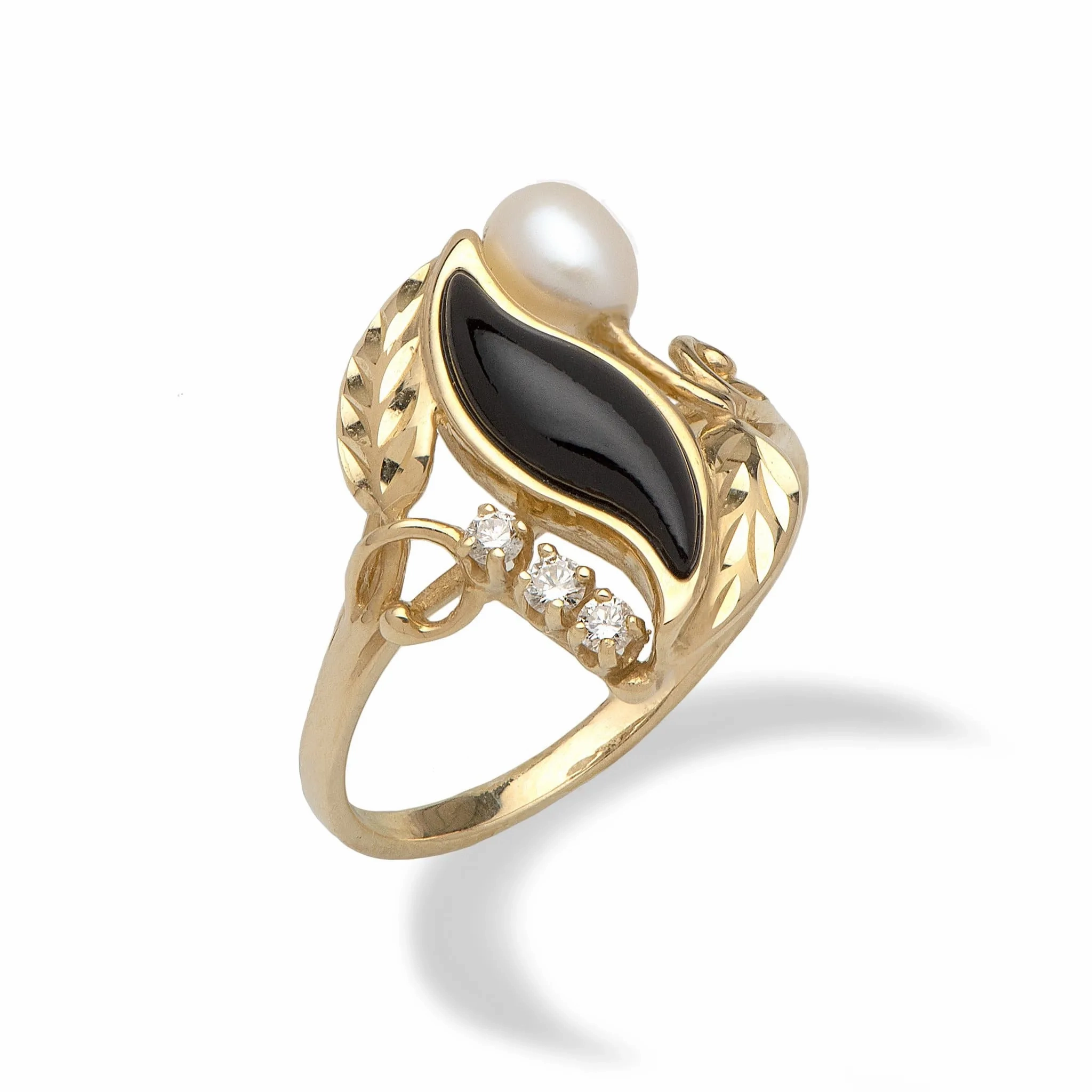 Paradise Black Coral &amp; Pearl Ring in Gold with Diamonds