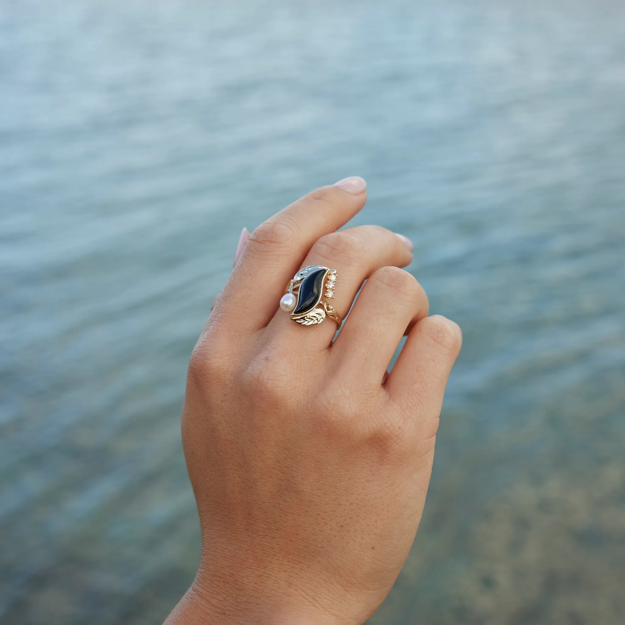 Paradise Black Coral &amp; Pearl Ring in Gold with Diamonds