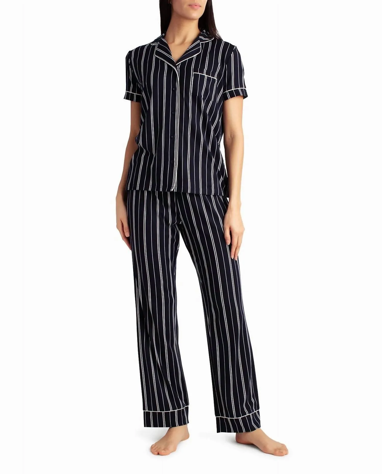 Pfirsichfarbenes Jersey-Shirt und Hose Zweiteiliger Schlafanzug-Set in Stürmischer Nacht Senkrechtem Streifen