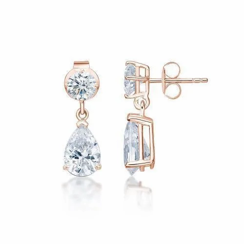 Pear and Round Brilliant drop earrings with 1.92 carats* of diamond simulants in 10 carat rose gold
