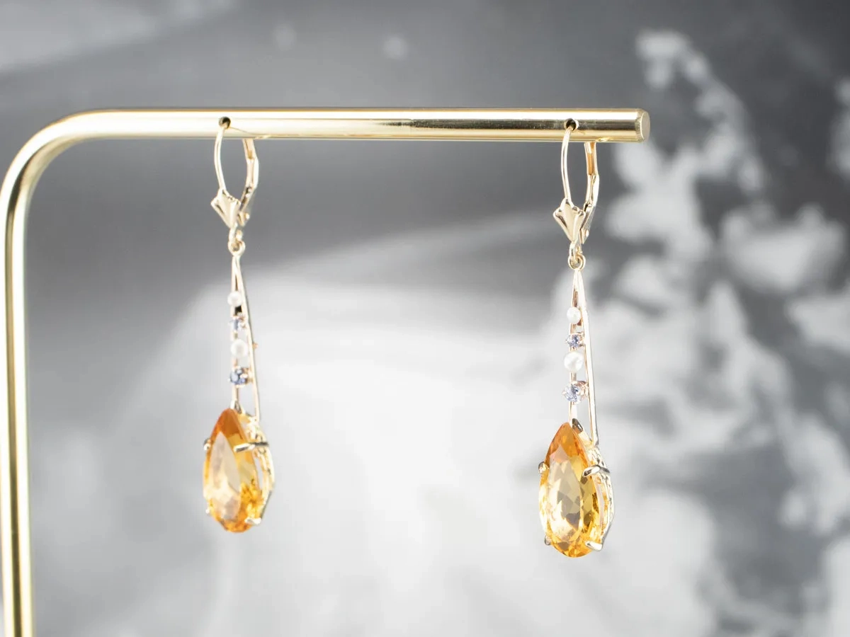 Pear Cut Citrine Gold Bar Drop Earrings