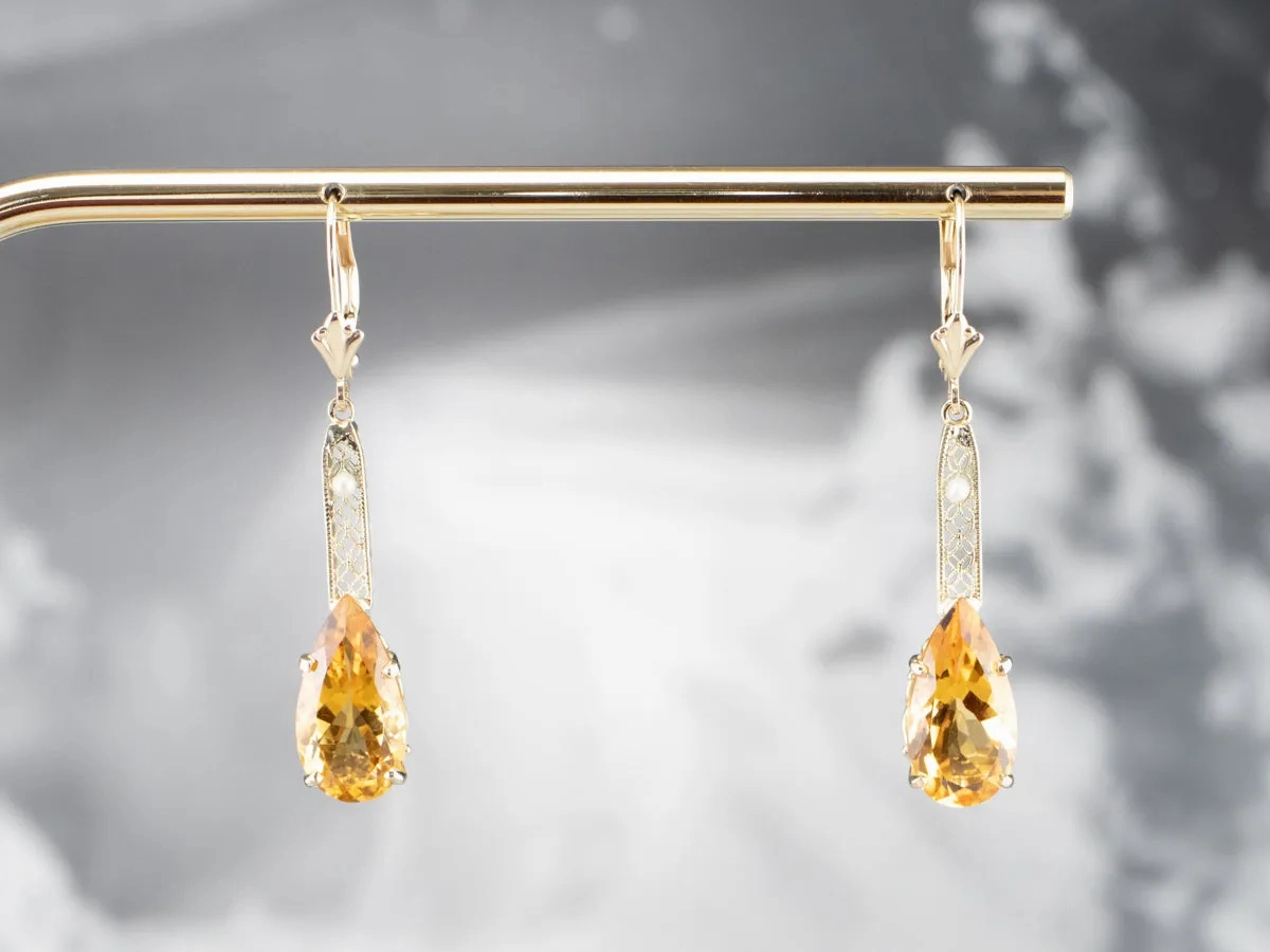 Pear Cut Citrine Gold Filigree Bar Drop Earrings