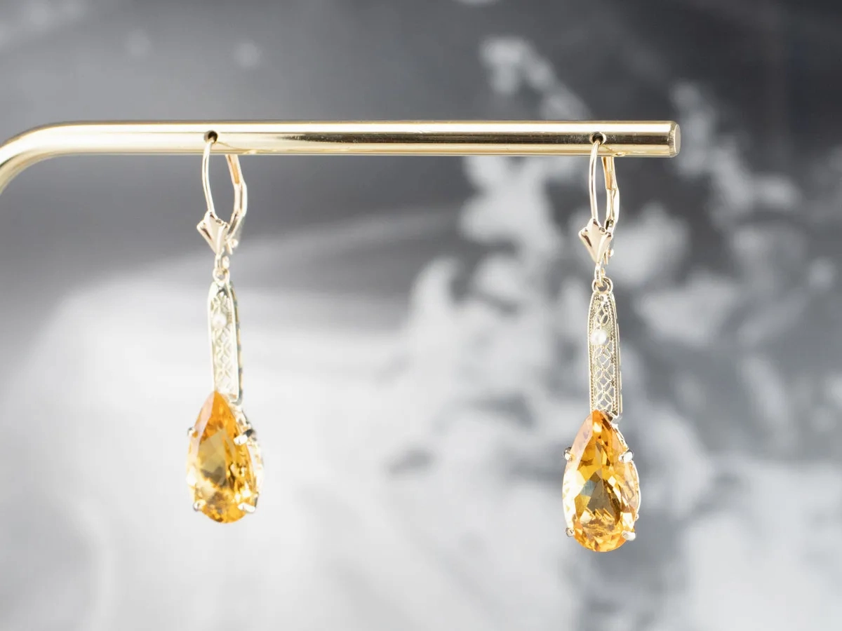 Pear Cut Citrine Gold Filigree Bar Drop Earrings