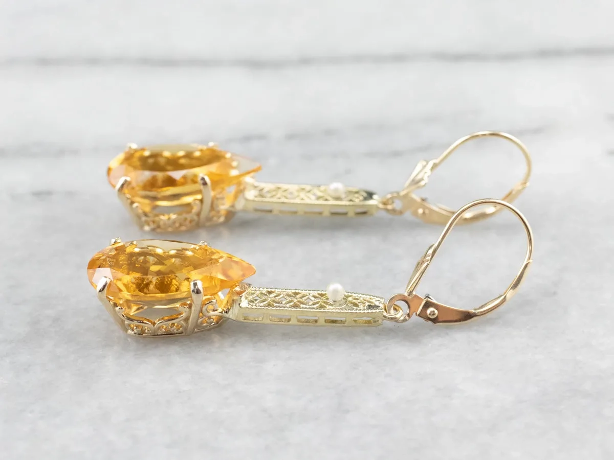 Pear Cut Citrine Gold Filigree Bar Drop Earrings