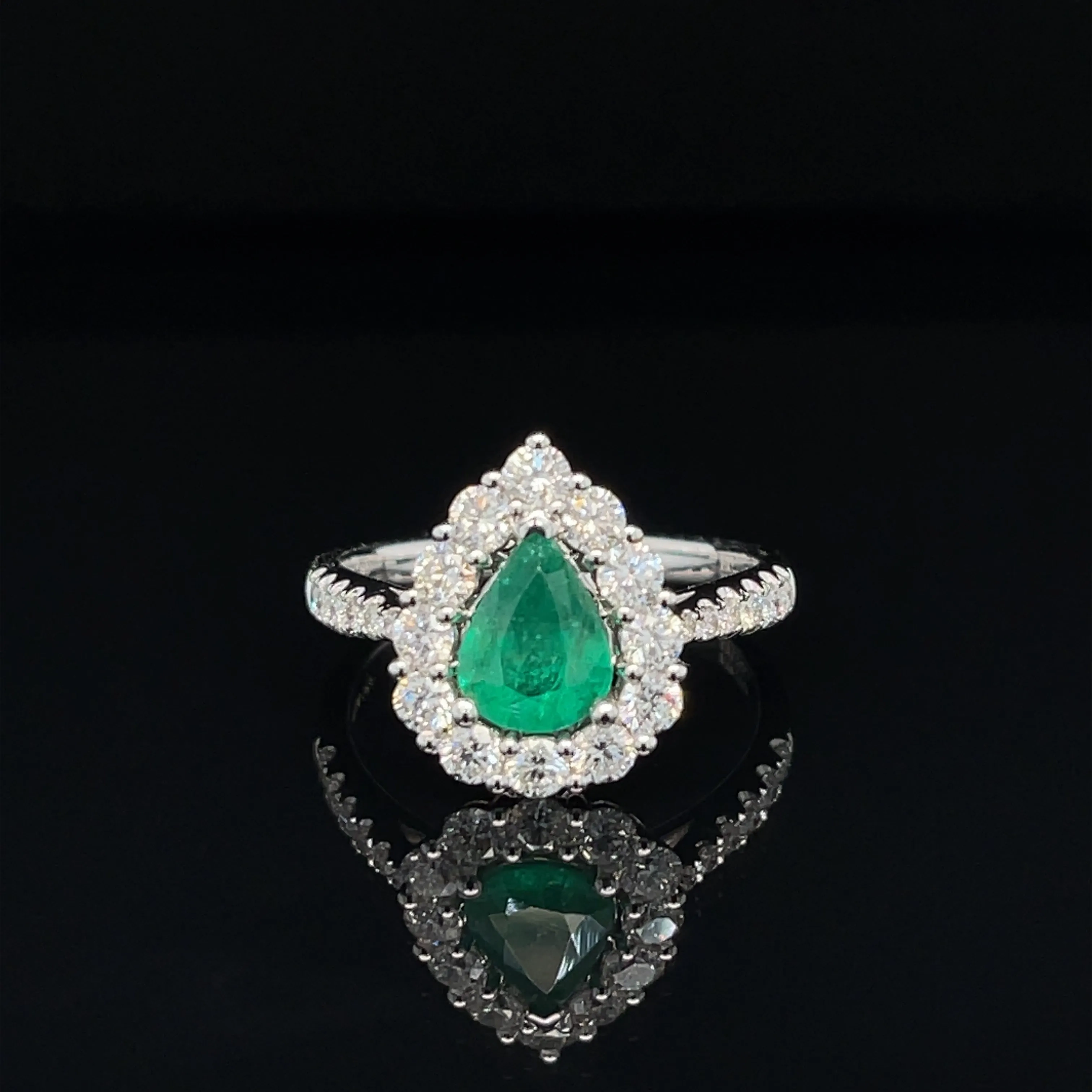 Pear Emerald &amp; Diamond Halo Cluster Engagement Anniversary Ring in 18k White Gold - #551 - RGEME065337