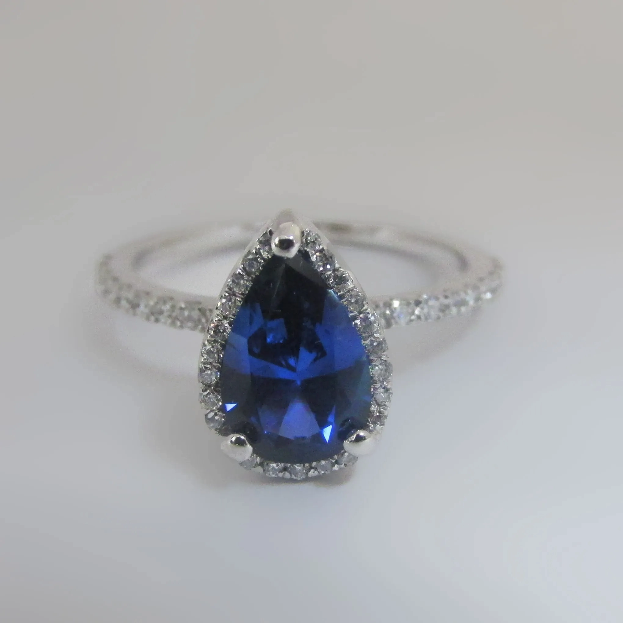 Pear Sapphire Engagement Ring Diamond Halo 14k White Gold (9x6mm)