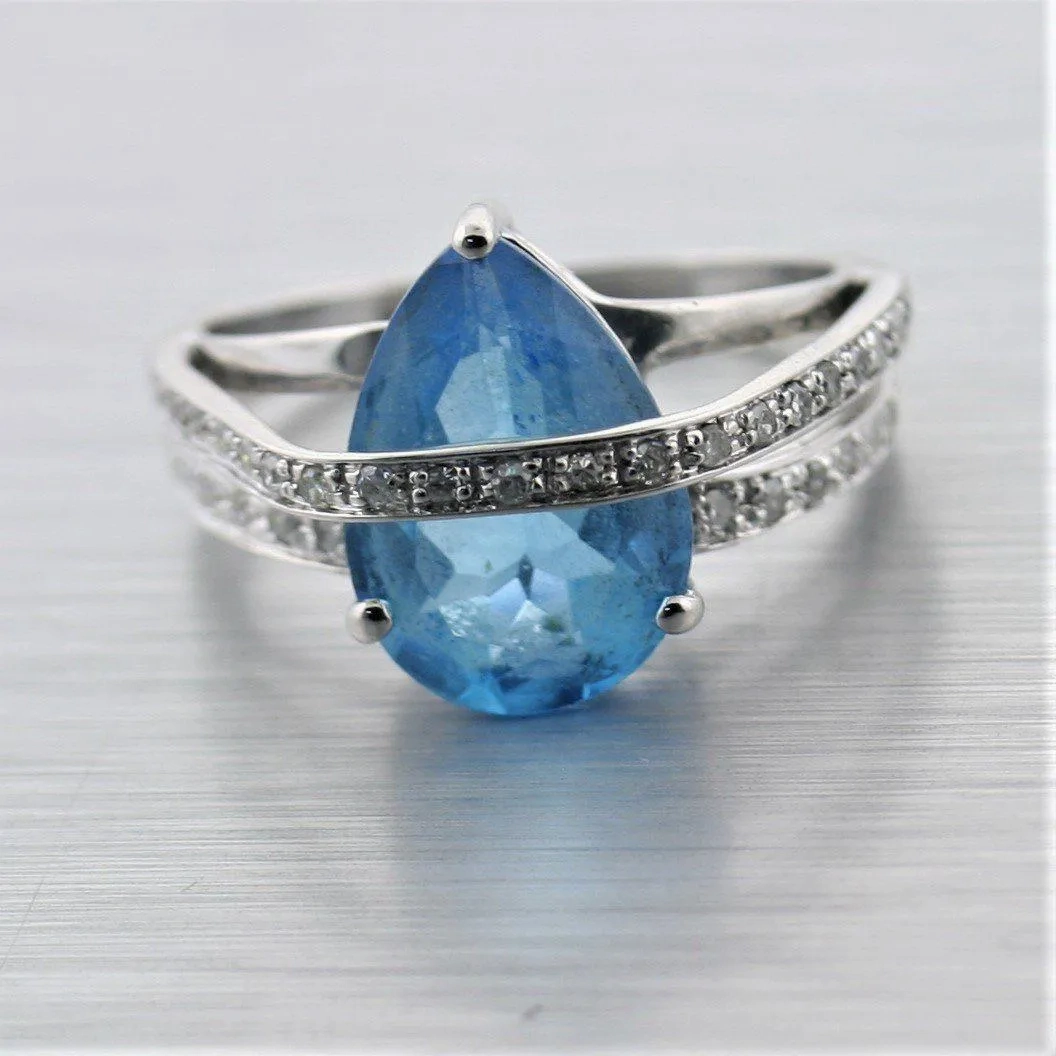 Pear Shaped Blue Topaz Diamond Ring 14K White Gold