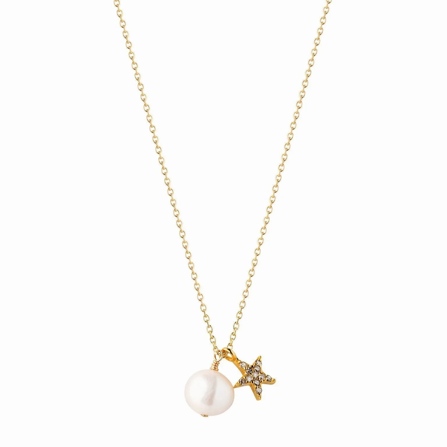Pearl &amp; Star Gold Plated Necklace w. Pearl &amp; Diamond