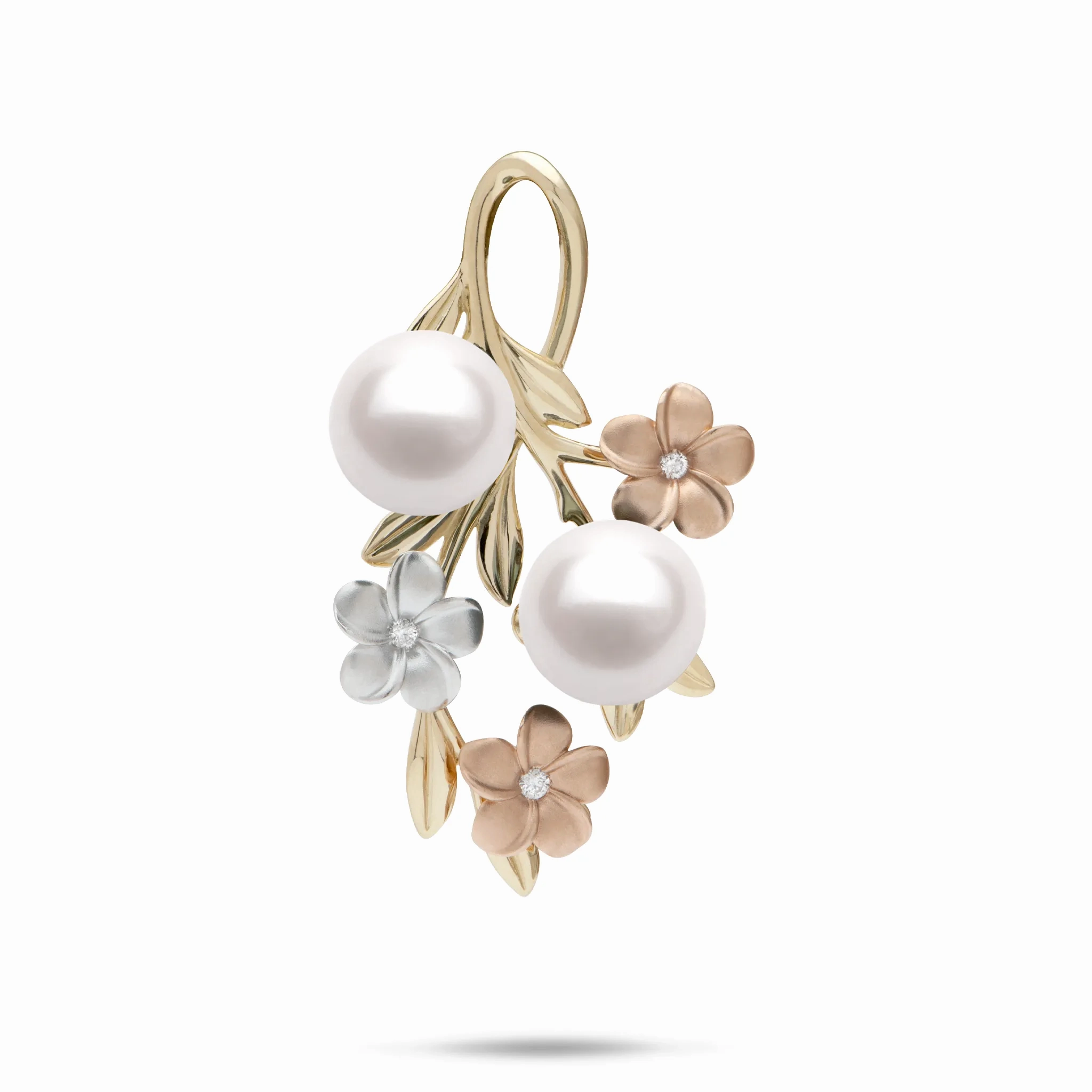 Pearls in Bloom Plumeria Akoya White Pearl Pendant in Tri Color Gold with Diamonds - 36mm