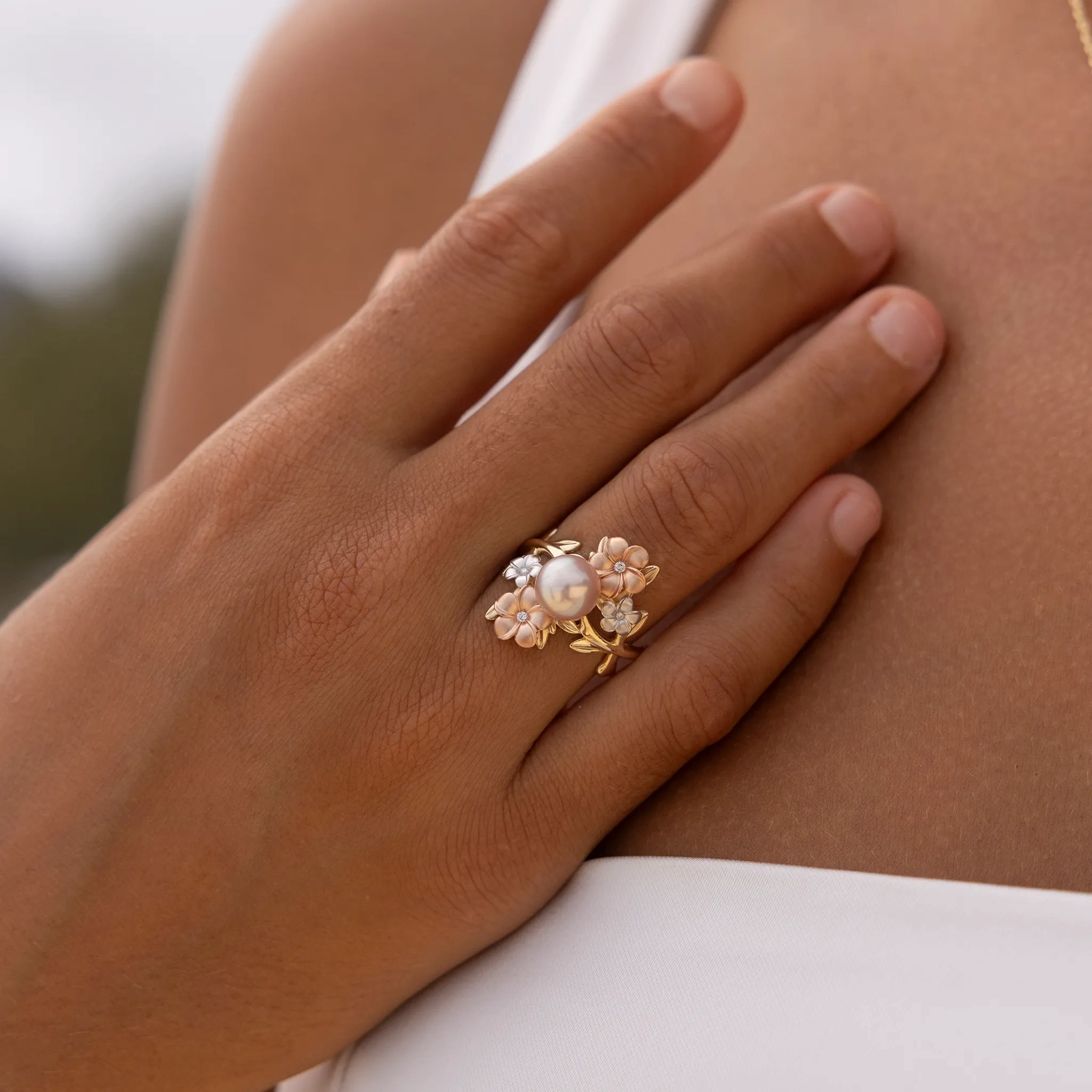 Pearls in Bloom Plumeria Lavender Freshwater Pearl Ring in Tri Color Gold with Diamonds - 22mm