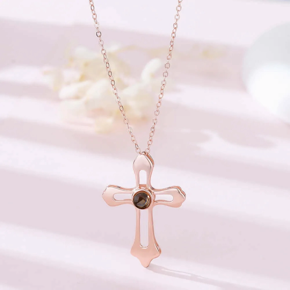 Personalized Angel Cross Projection Necklace with Picture Inside