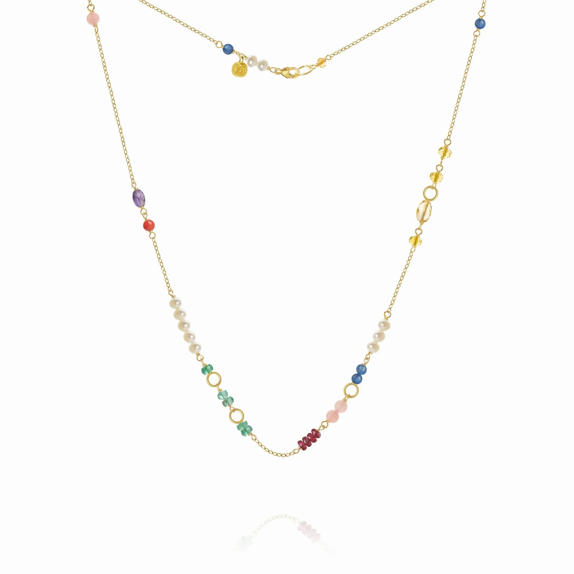 Piccolo Bloom 18K Gold Necklace, 43 cm w. Emerald, Ruby, Quartz, Kyanite, Pearl, Citrin, Coral &amp; Amethyst