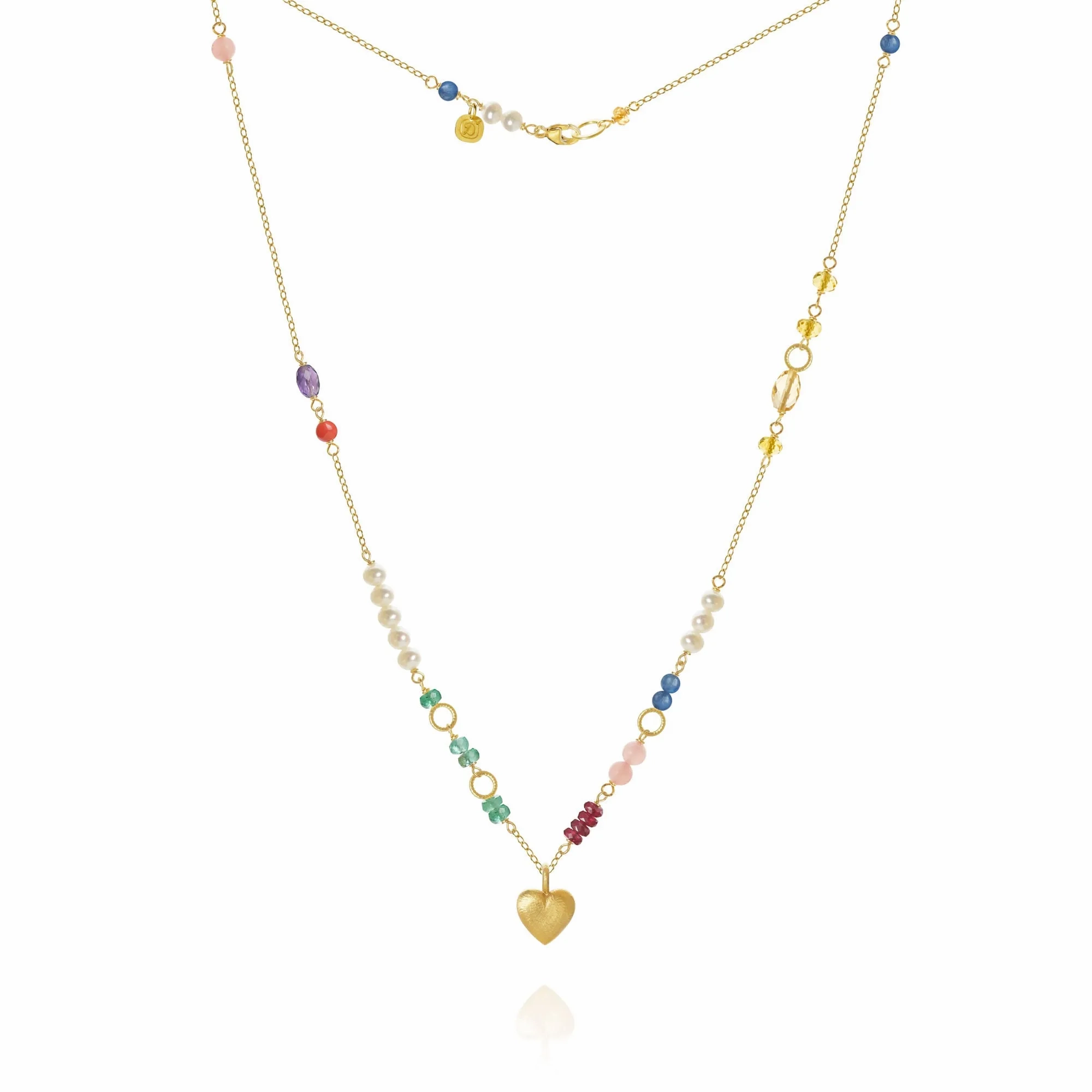 Piccolo Bloom Heart 18K Gold Necklace, 43 cm w. Emerald, Ruby, Quartz, Kyanite, Pearl, Citrin, Coral &amp; Amethyst