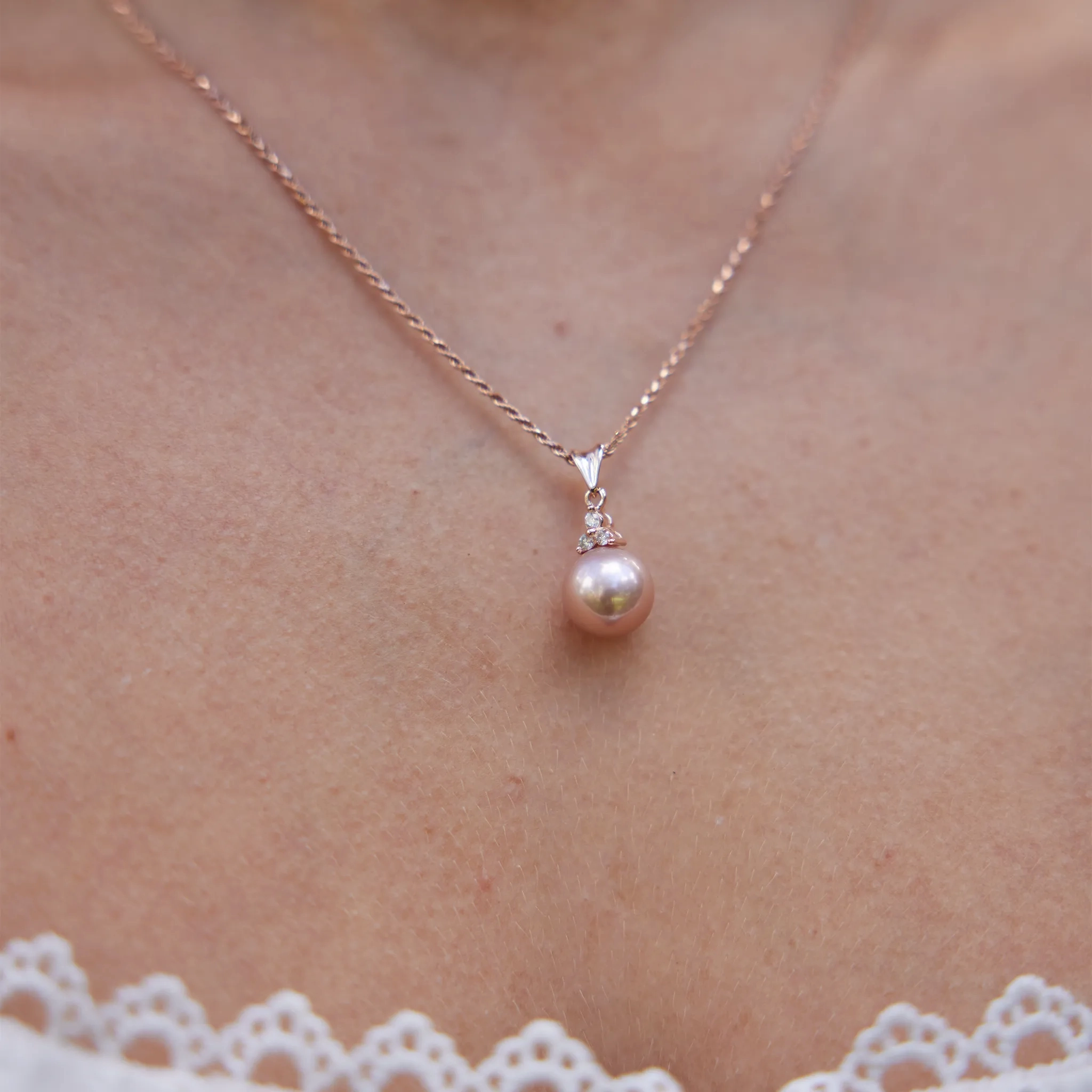 Pink Freshwater Pearl Pendant in Rose Gold with Diamonds - 10-11mm