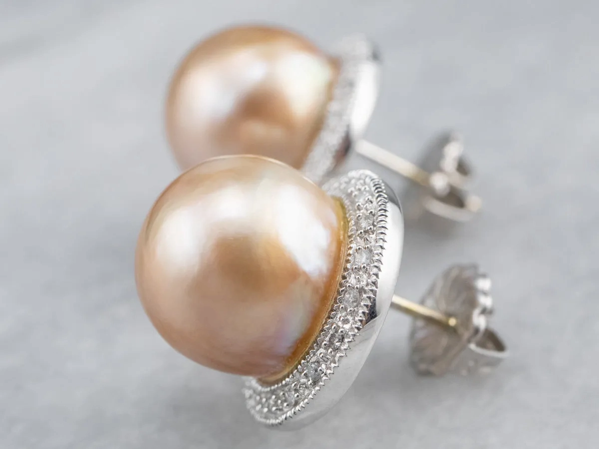 Pink Pearl Diamond Halo Stud Earrings