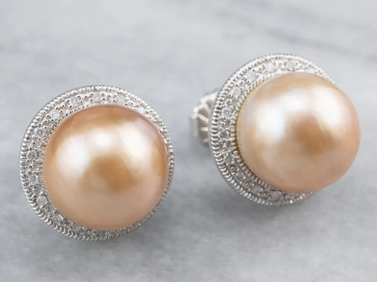 Pink Pearl Diamond Halo Stud Earrings