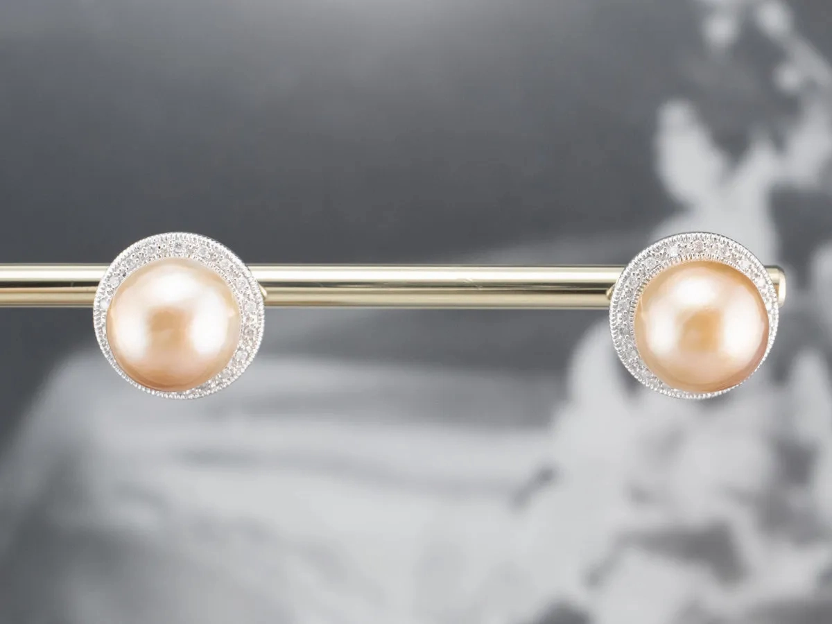 Pink Pearl Diamond Halo Stud Earrings