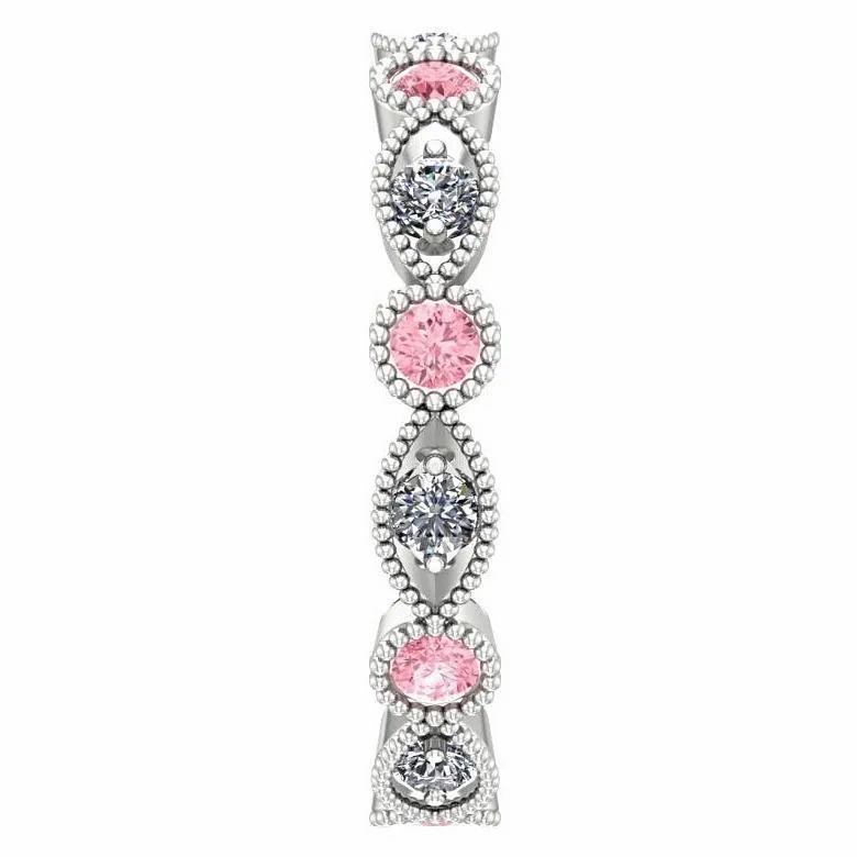 Pink Tourmaline and Diamond Milgrain Marquise and Dot Eternity Ring 14K White Gold