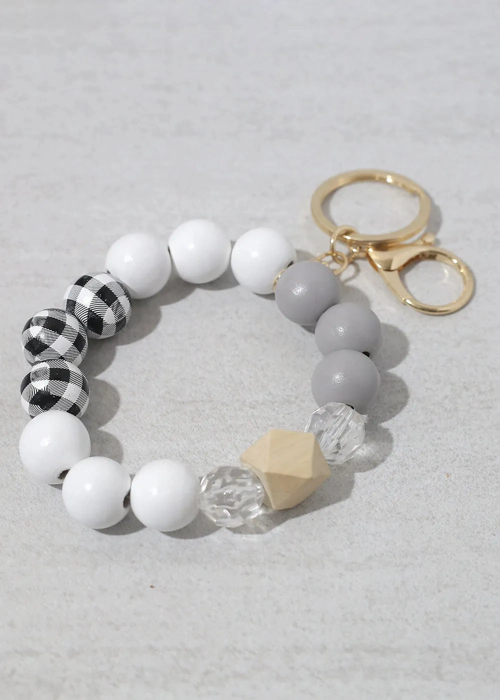 Plaid-Wood Bead Keychain Bracelet