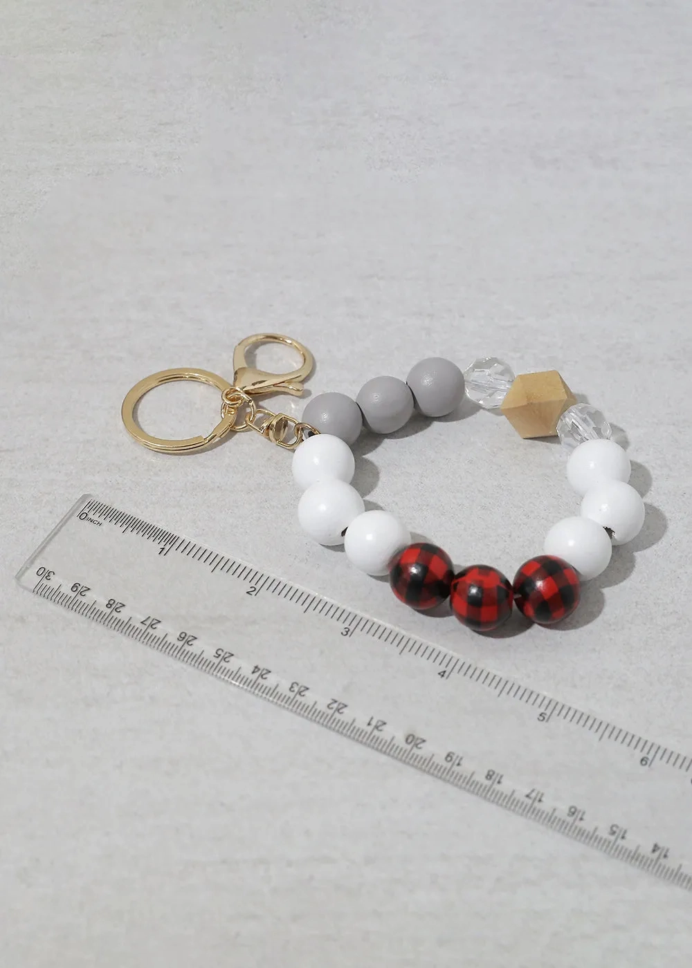 Plaid-Wood Bead Keychain Bracelet