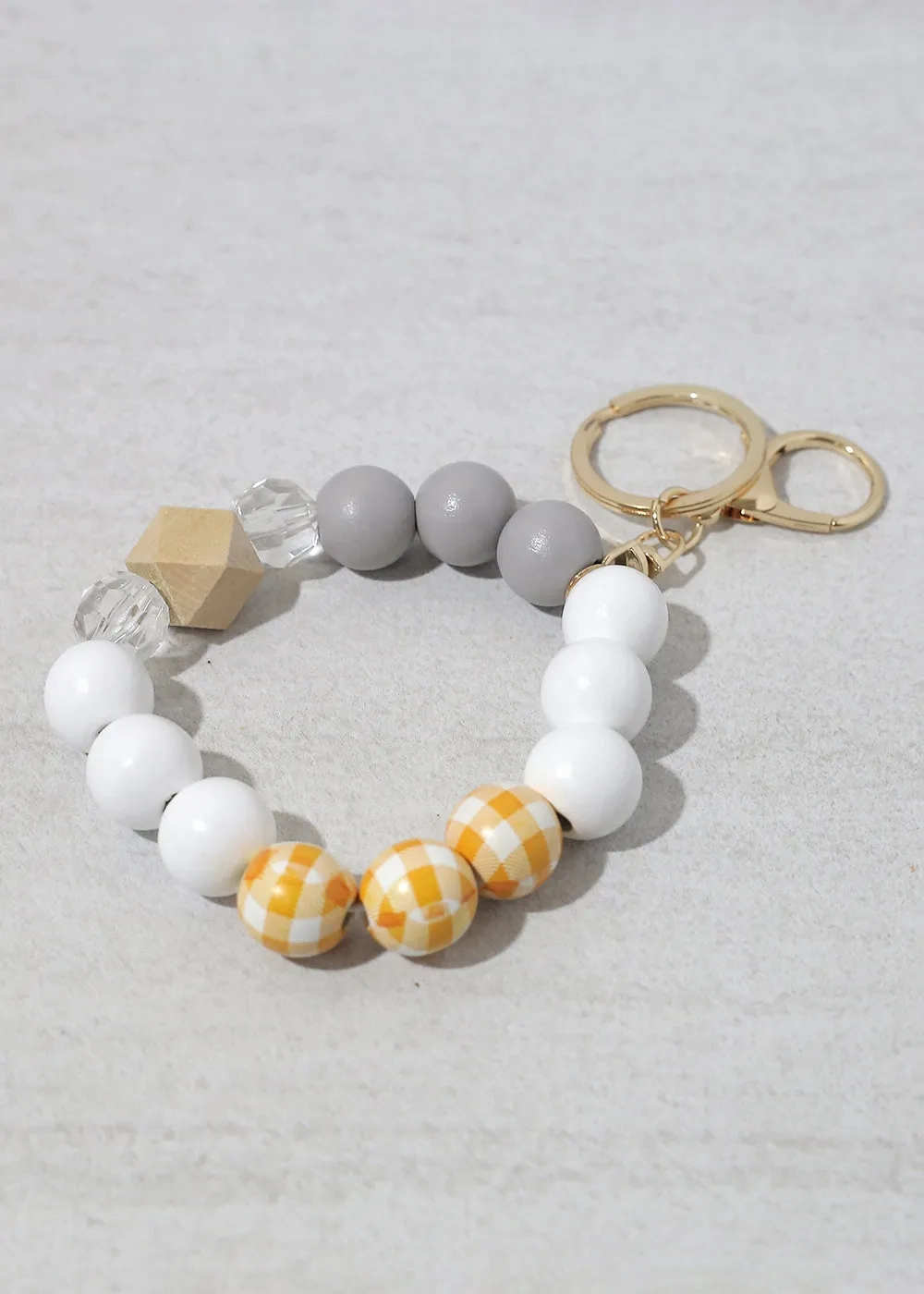 Plaid-Wood Bead Keychain Bracelet