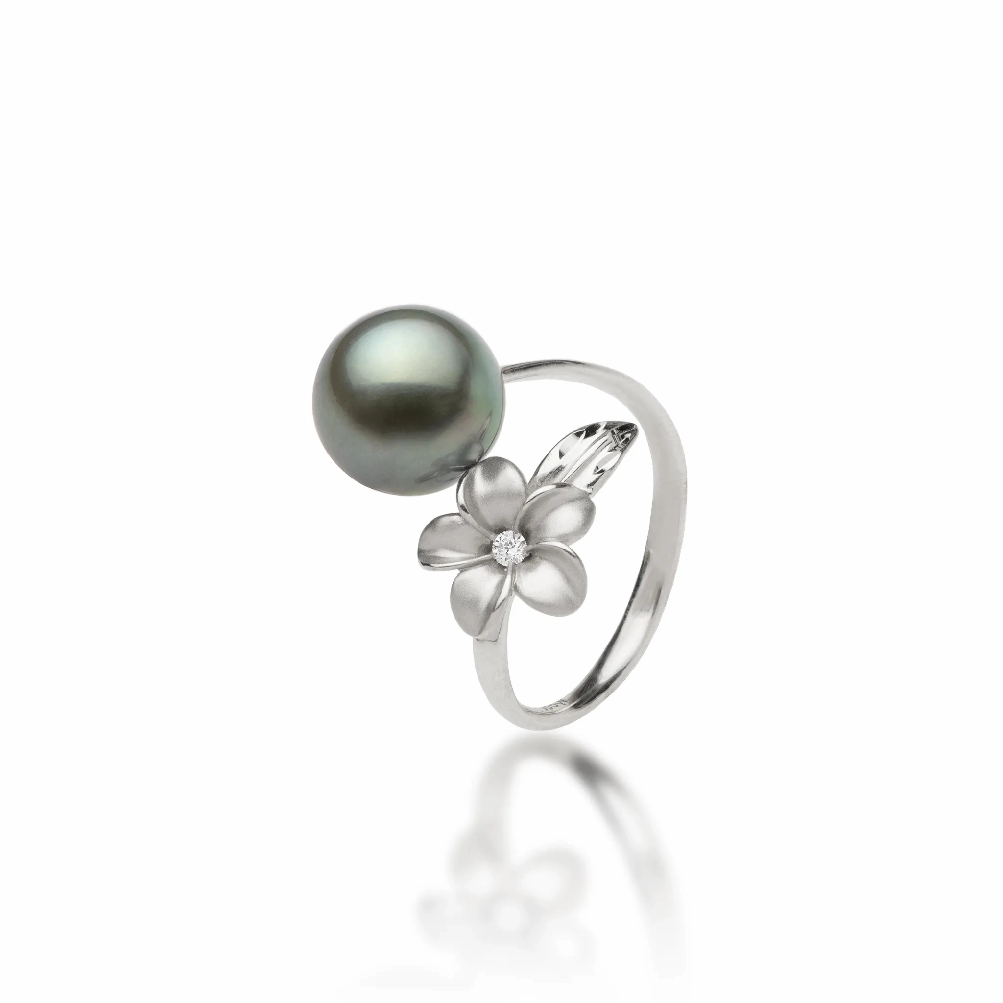 Plumeria Tahitian Black Pearl Ring in White Gold with Diamond - 10-11mm
