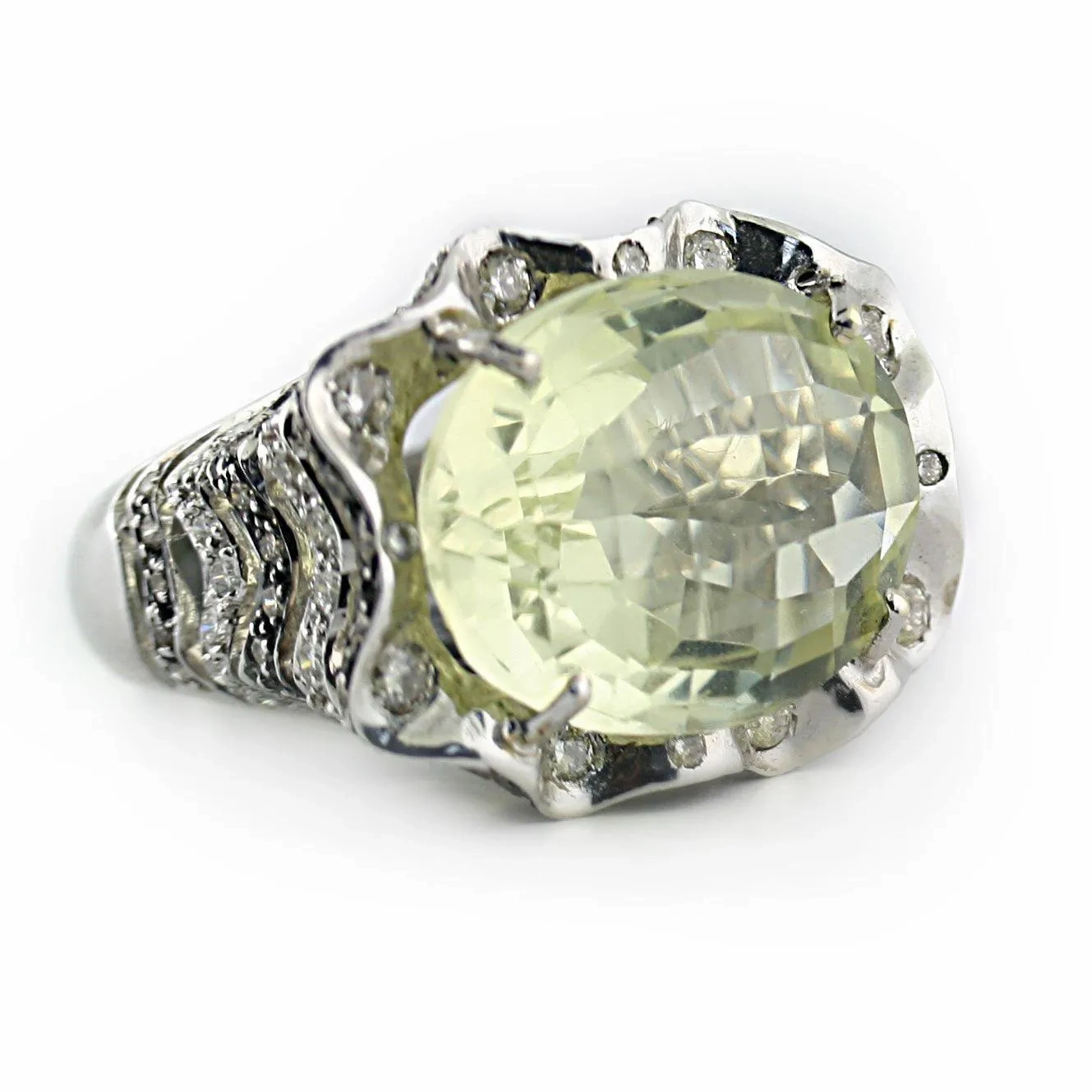 Prasiolite and Diamonds ring White Gold