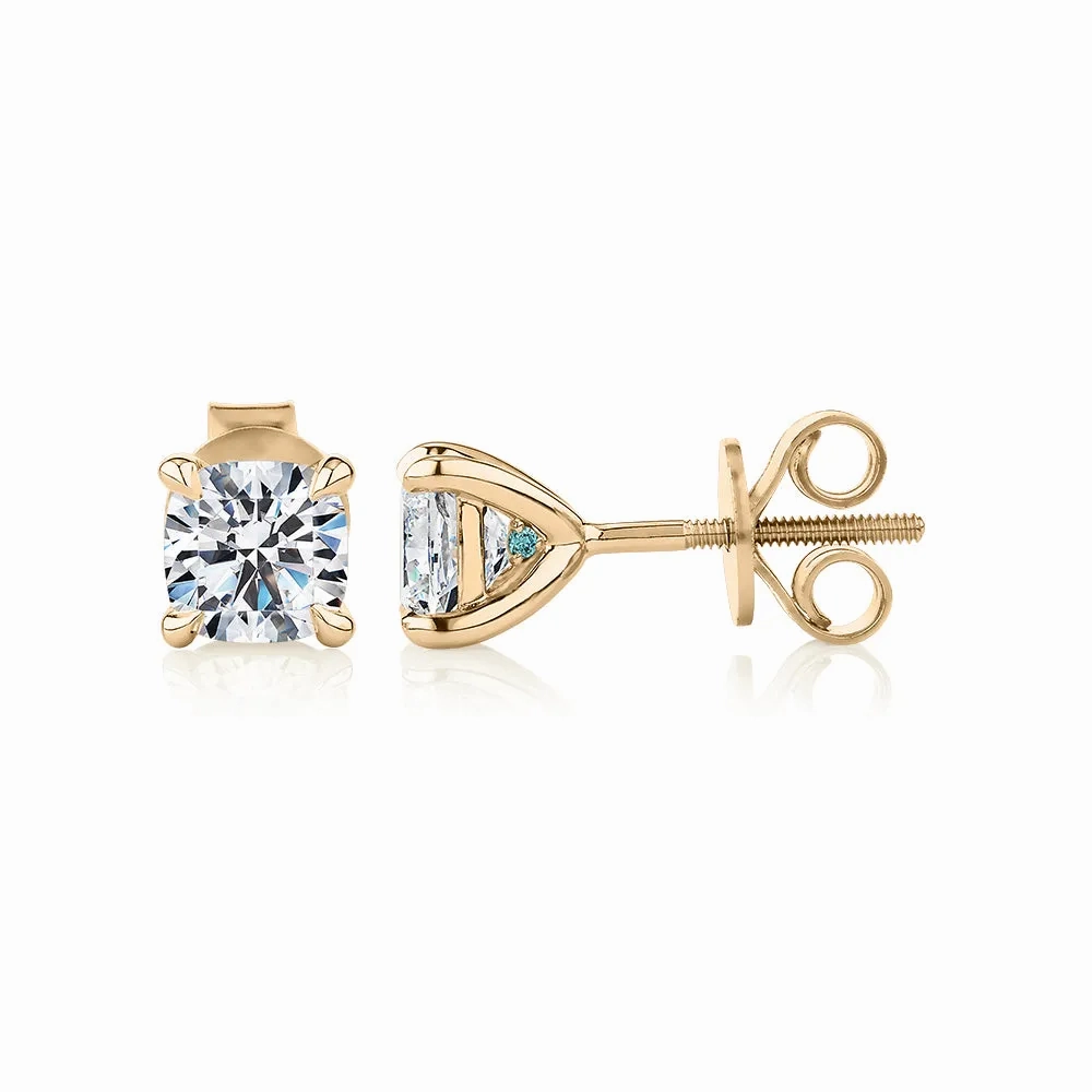 Premium Certified Lab-Grown Diamond, 1.40 carat TW cushion stud earrings in 18 carat yellow gold