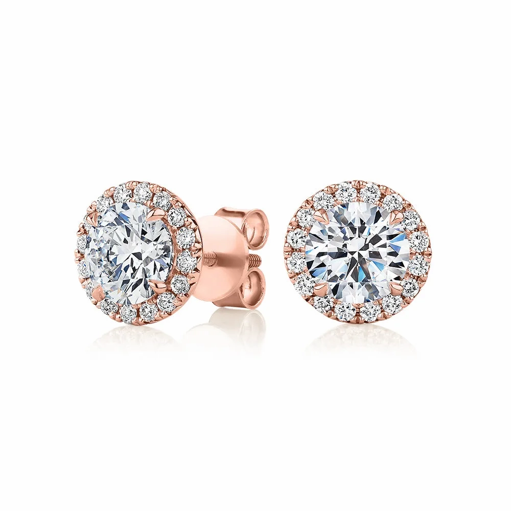 Premium Certified Lab-Grown Diamond, 2.35 carat TW round brilliant halo earrings in 18 carat rose gold