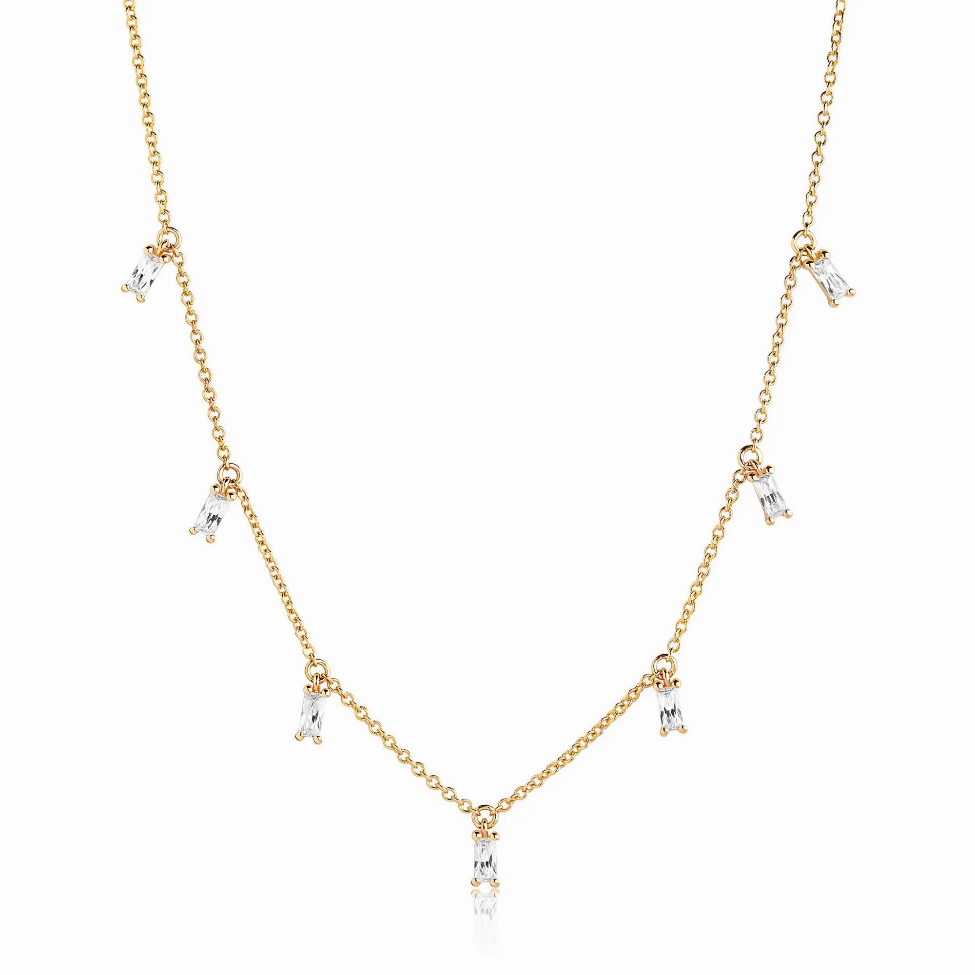 Princess Baquette Gold Plated Necklace w. White Zirconias
