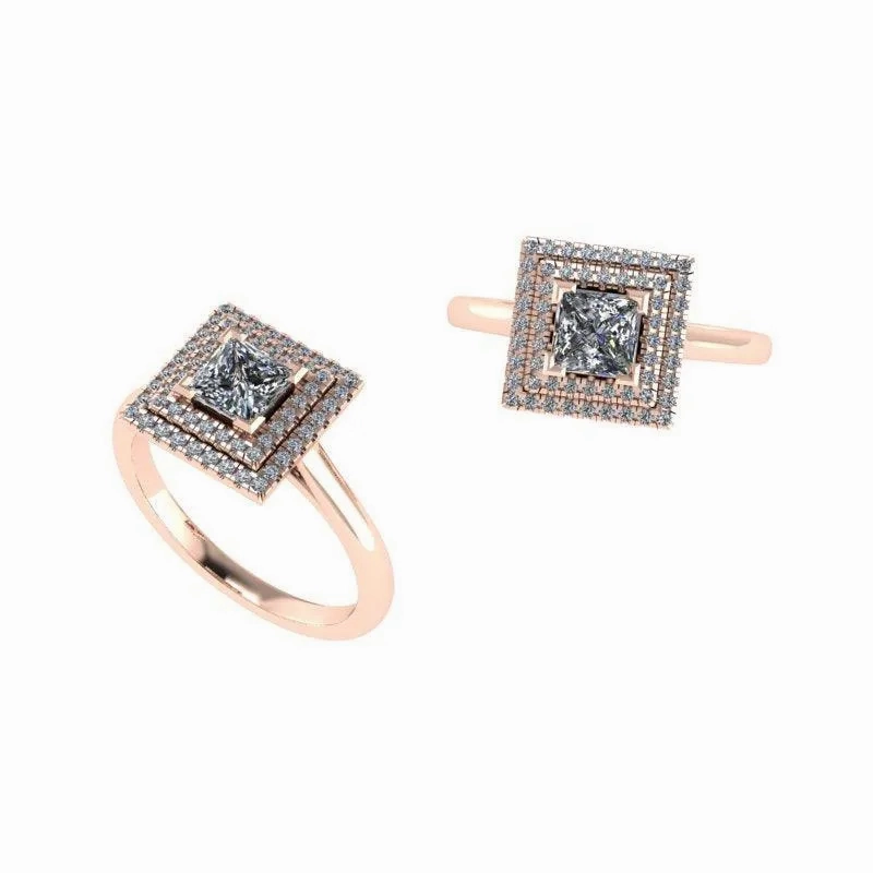 Princess cut double halo diamond engagement ring
