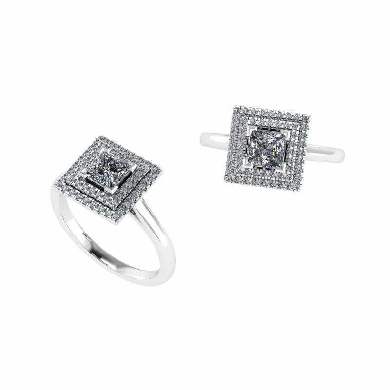 Princess cut double halo diamond engagement ring