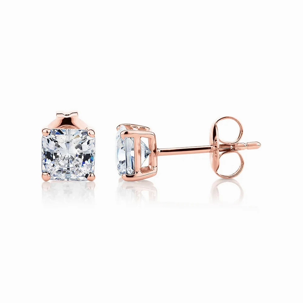 Princess Cut stud earrings with 1.5 carats* of diamond simulants in 10 carat rose gold