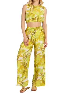 Gedrucktes Cropped Top und Weitbeinige Hose Set in Mehrfarbig Limette