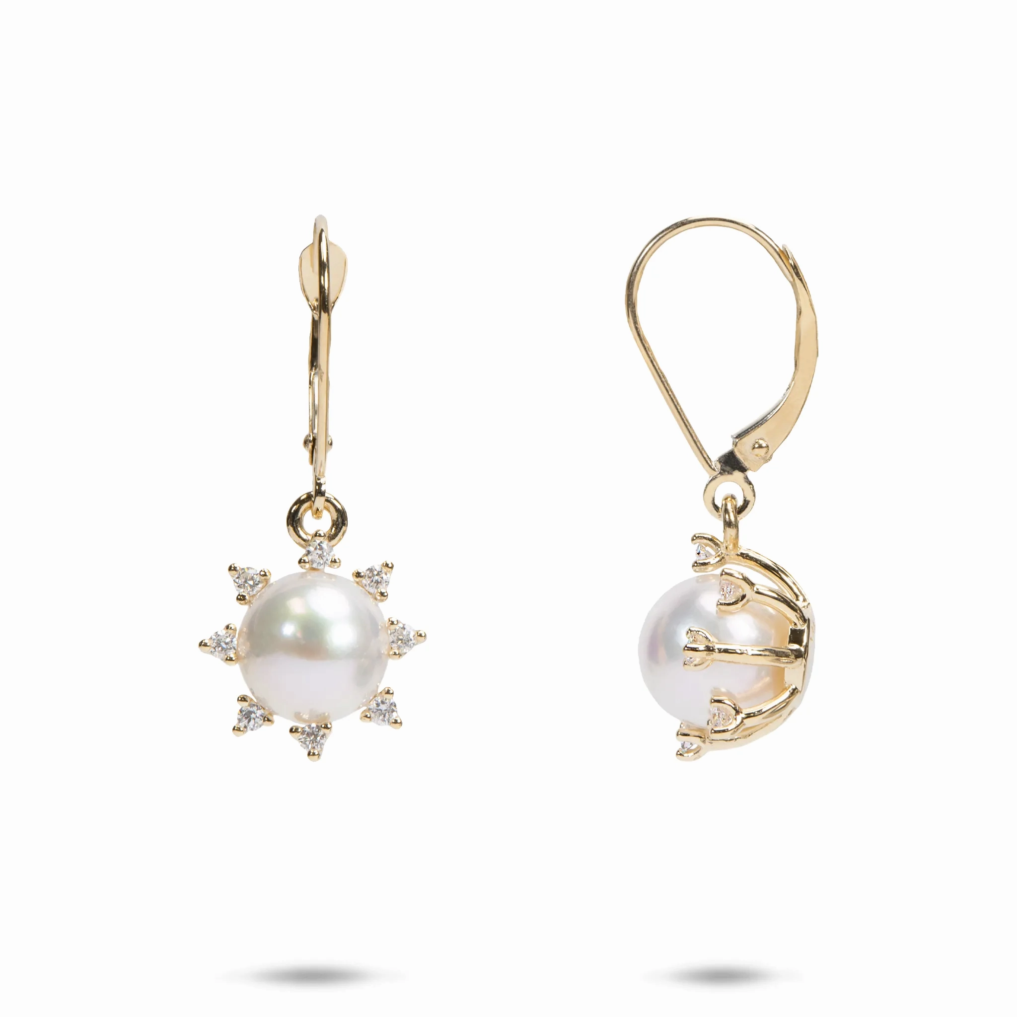 Protea Akoya White Pearl Earrings in Gold with Diamonds - 8mm