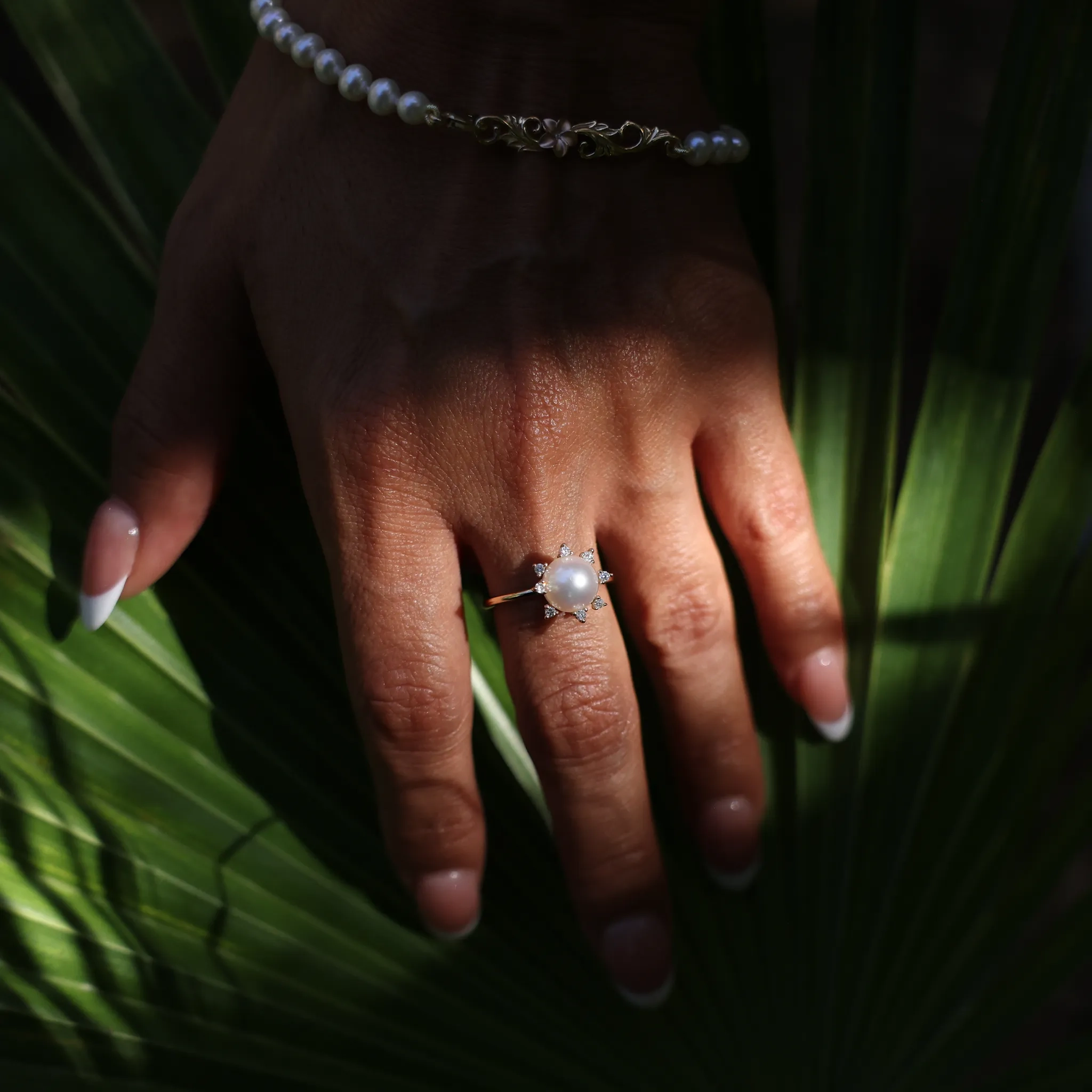 Protea Akoya White Pearl Ring in Gold with Diamonds - 8mm