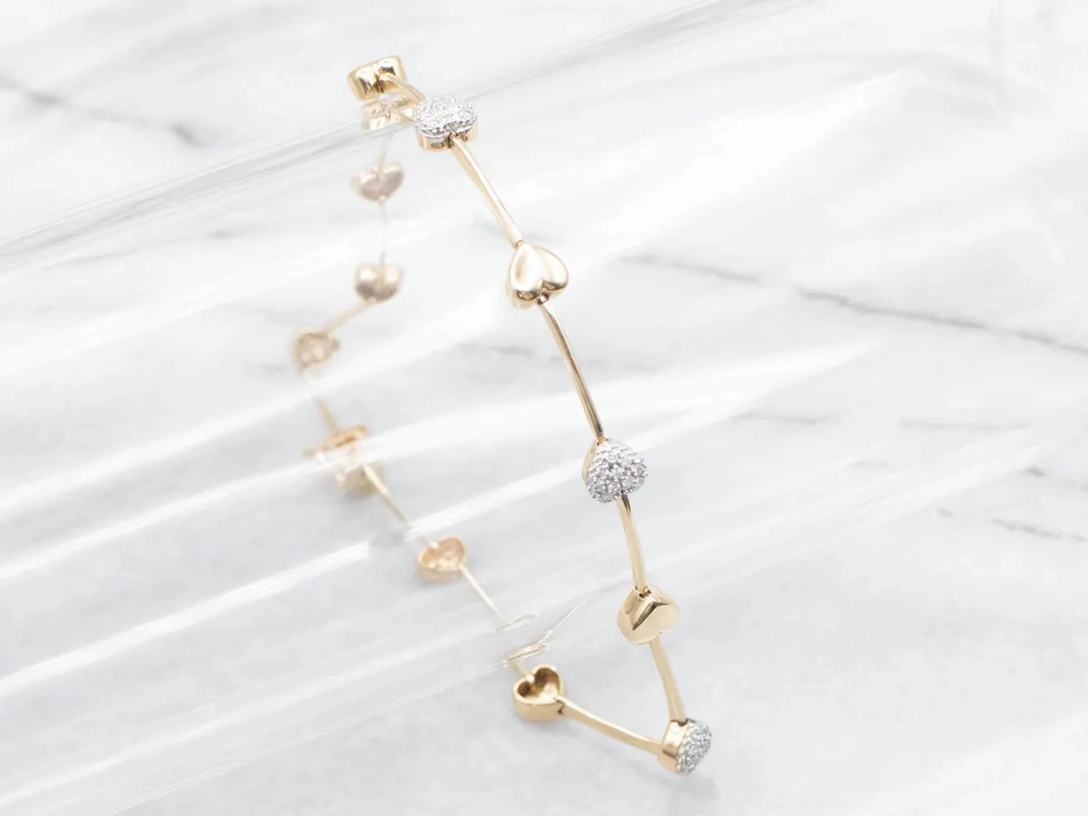 Puffy Gold Diamond Encrusted Heart Link Bracelet
