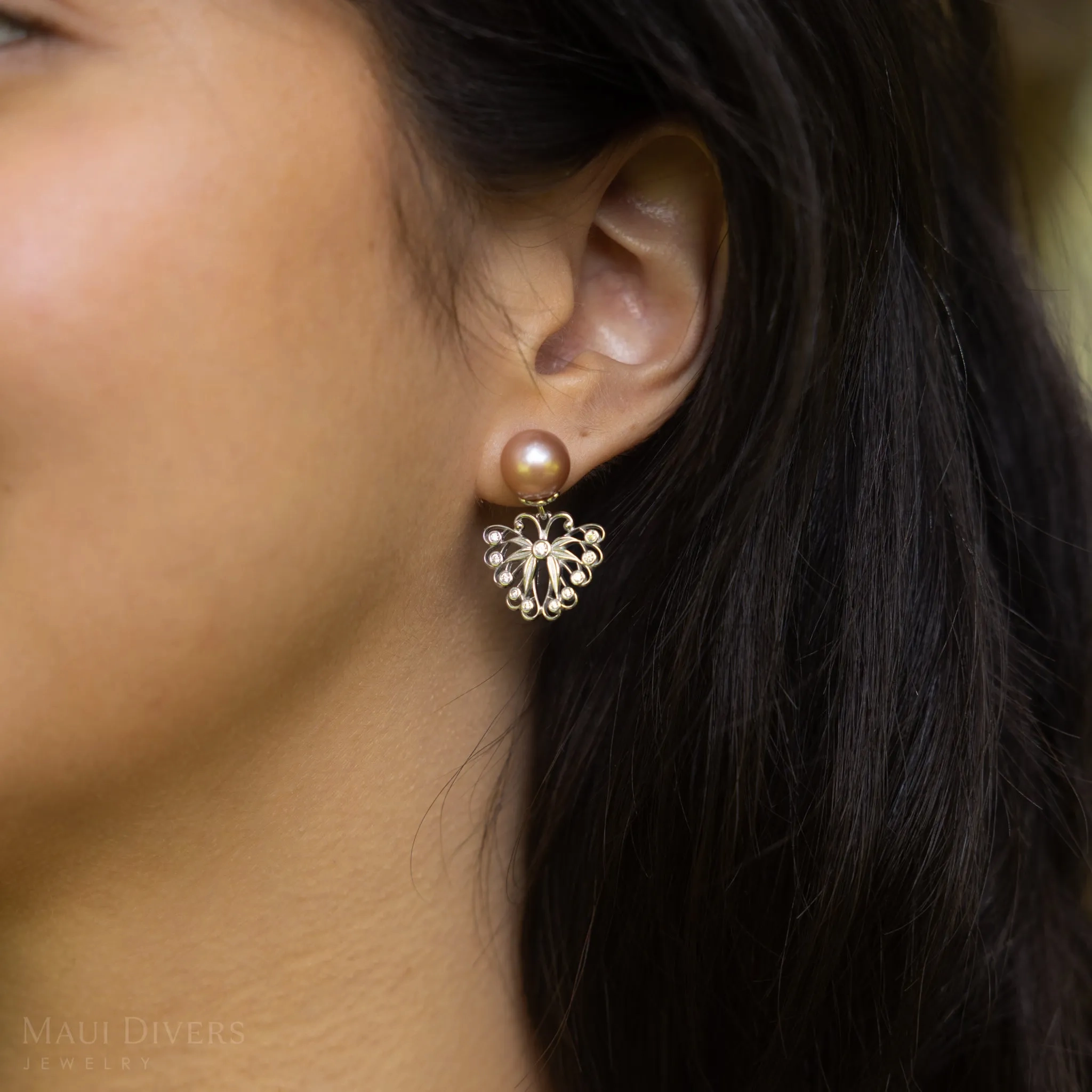 Pulelehua (Butterfly) Freshwater Pearl Earrings in Sterling Silver with Cubic Zirconia - 9-10mm