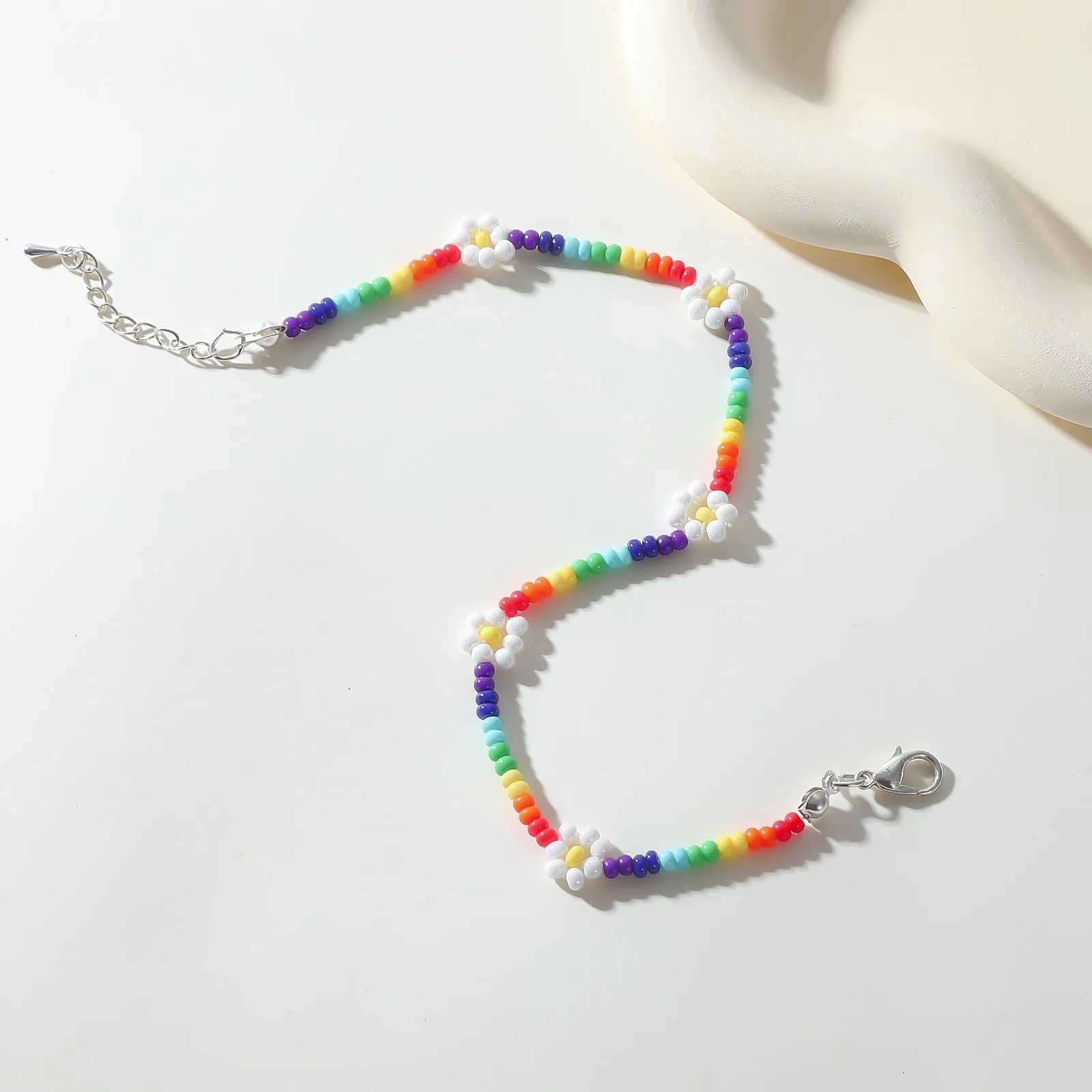 Rainbow Beaded Anklet with White Daisy Accents ?C Adjustable Summer Jewelry