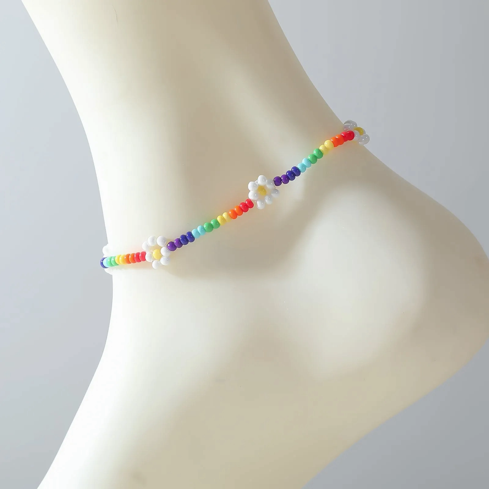 Rainbow Beaded Anklet with White Daisy Accents ?C Adjustable Summer Jewelry