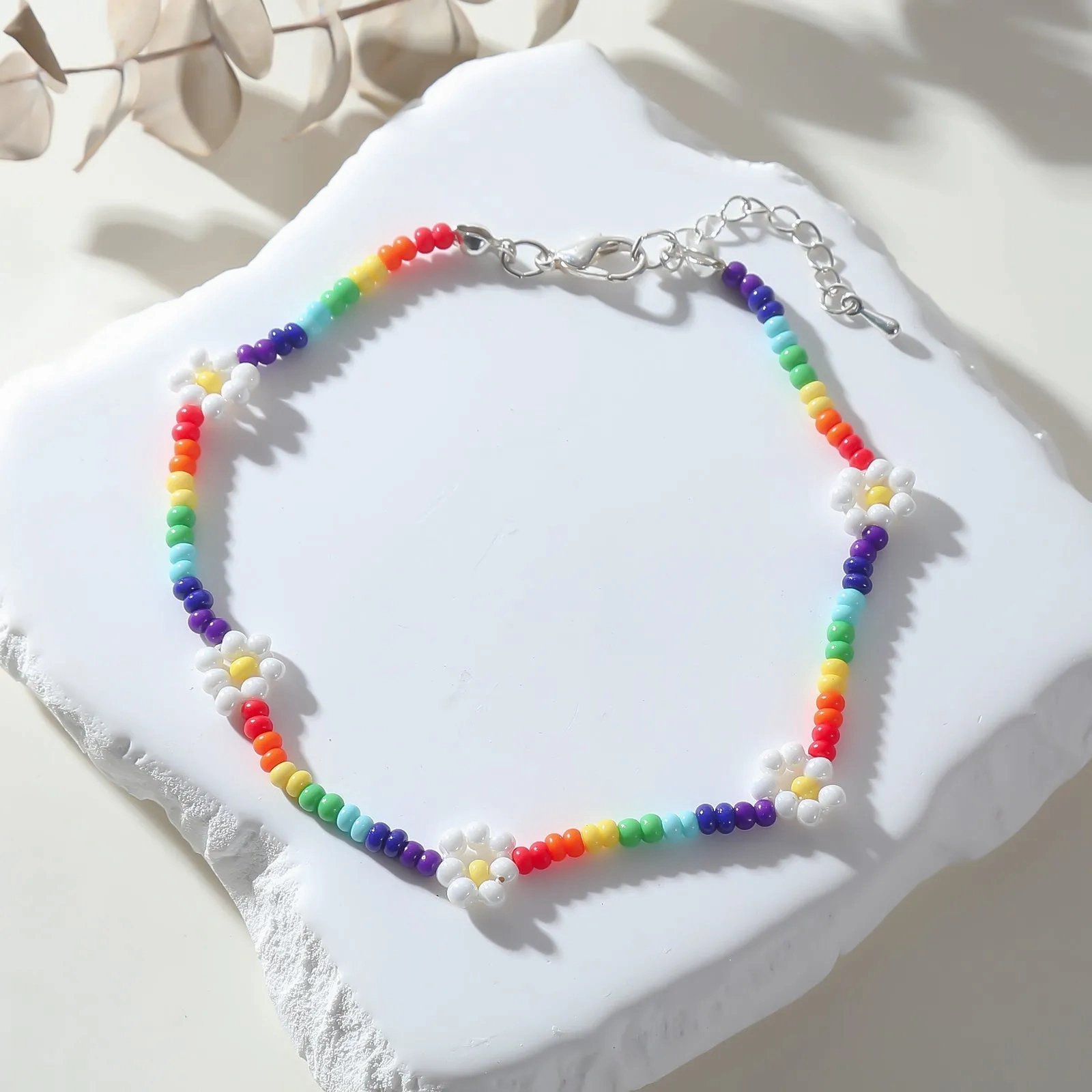 Rainbow Beaded Anklet with White Daisy Accents ?C Adjustable Summer Jewelry