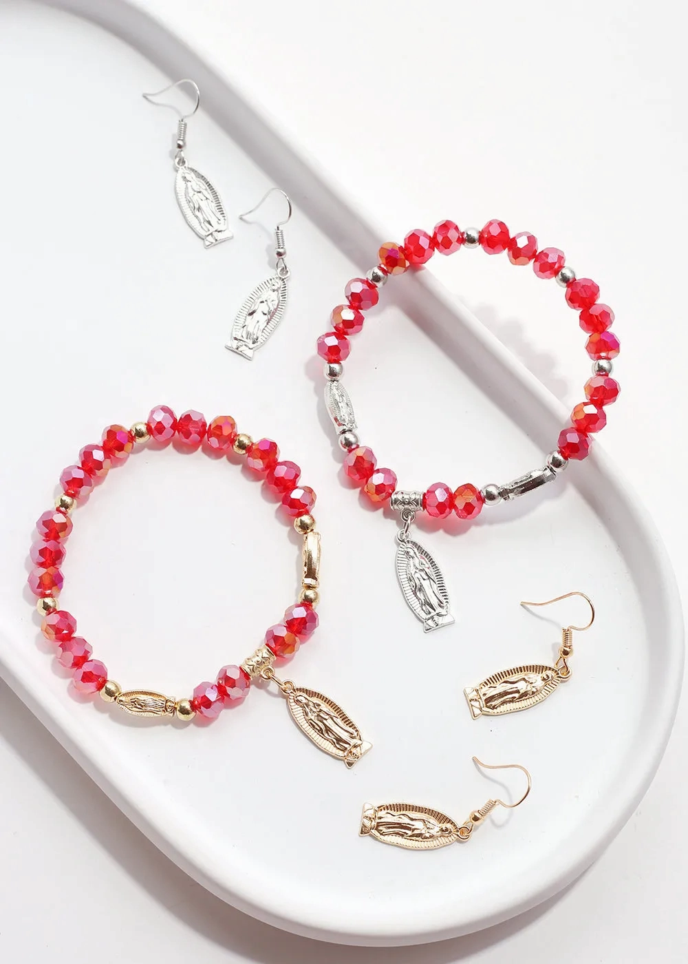 Red Virgin Mary Bead Bracelet &amp; Earring Set